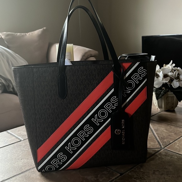 Michael Michael Kors Brown/Black/Orange Large Sinclair Logo Tape Tote - Picture 4 of 12